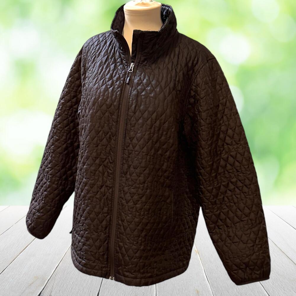 LANDS' END PrimaLoft Quilted Jacket Diamond Puffer Zip Front Brown Plus 1X